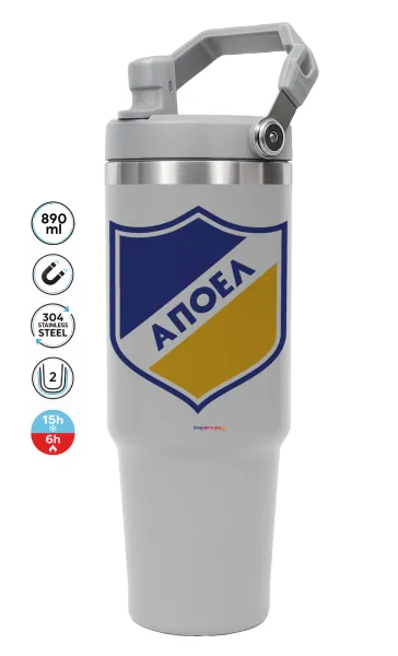 FC ΑΠΟΕΛ Λευκωσίας — ΓΚΡΙ Travel Tumbler Θερμός με χερούλι και καλαμάκι 890ml