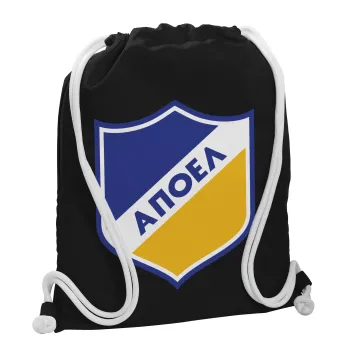 FC ΑΠΟΕΛ Λευκωσίας, Backpack pouch GYMBAG Black, with pocket (40x48cm) & thick white cords