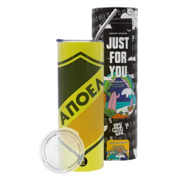 FC ΑΠΟΕΛ Λευκωσίας, Neon Yellow Travel Tumbler θερμό, μεταλλικό καλαμάκι(Ανωξείδωτο 304 Food grade, BPA free, 600ml)