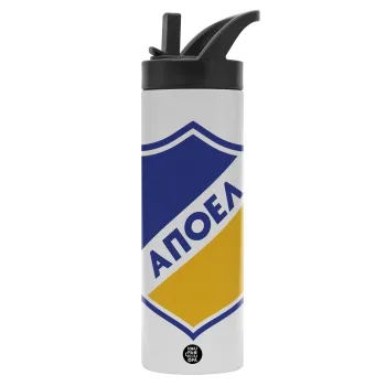 FC ΑΠΟΕΛ Λευκωσίας, Μεταλλικό παγούρι θερμός με καλαμάκι & χειρολαβή, ανοξείδωτο ατσάλι (Stainless steel 304), διπλού τοιχώματος, 600ml