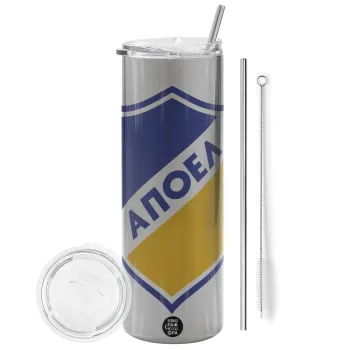 FC ΑΠΟΕΛ Λευκωσίας, Tumbler ποτήρι θερμό Ασημένιο από ανοξείδωτο ατσάλι 600ml, με μεταλλικό καλαμάκι & βούρτσα καθαρισμού