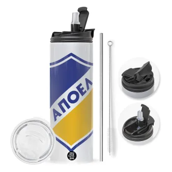 FC ΑΠΟΕΛ Λευκωσίας, Travel Tumbler θερμό με διπλό καπάκι, μεταλλικό καλαμάκι και βούρτσα καθαρισμού (Ανωξείδωτο 304 Food grade, BPA free, 600ml)