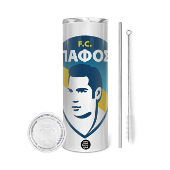 Πάφος FC, Tumbler ποτήρι θερμό από ανοξείδωτο ατσάλι 600ml, με μεταλλικό καλαμάκι & βούρτσα καθαρισμού