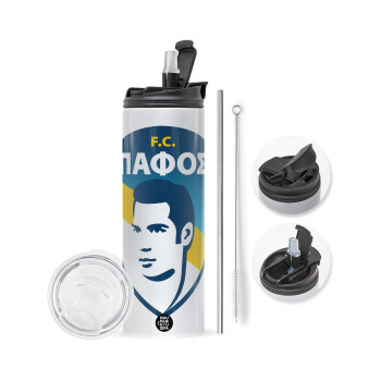 Πάφος FC, Travel Tumbler θερμό με διπλό καπάκι, μεταλλικό καλαμάκι και βούρτσα καθαρισμού (Ανωξείδωτο 304 Food grade, BPA free, 600ml)