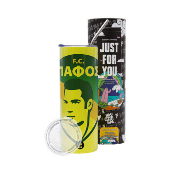 Πάφος FC, Neon Yellow Travel Tumbler θερμό, μεταλλικό καλαμάκι(Ανωξείδωτο 304 Food grade, BPA free, 600ml)