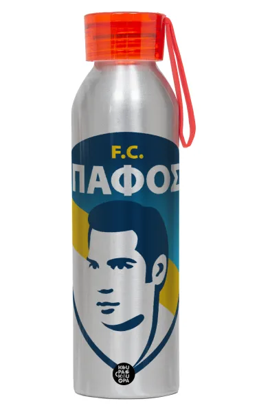 Πάφος FC — Αλουμινένιο Αθλητικό Μπουκάλι 650ml – Ασημί με Κόκκινο Καπάκι και Λουράκι Σιλικόνης