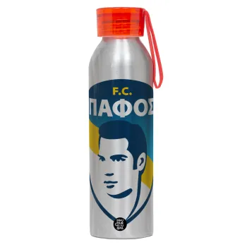 Πάφος FC, Αλουμινένιο Αθλητικό Μπουκάλι 650ml – Ασημί με Κόκκινο Καπάκι και Λουράκι Σιλικόνης