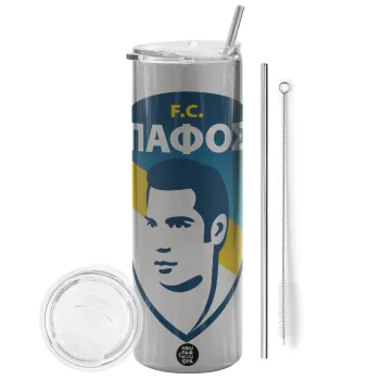 Πάφος FC, Tumbler ποτήρι θερμό Ασημένιο από ανοξείδωτο ατσάλι 600ml, με μεταλλικό καλαμάκι & βούρτσα καθαρισμού