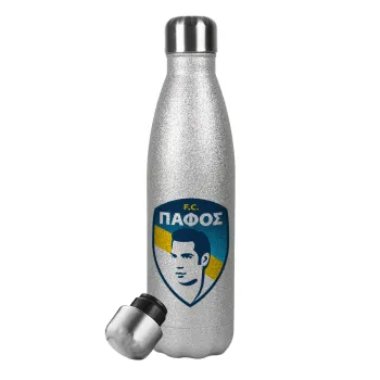 Πάφος FC, Metallic Glitter Silver Thermos Flask (Stainless steel), double-walled, 500ml