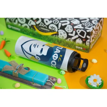 Πάφος FC, Easter candle,Travel Tumbler 2 Lids, with metal straw & cleaning brush & aromatic flat candle (30cm) (BLUE)