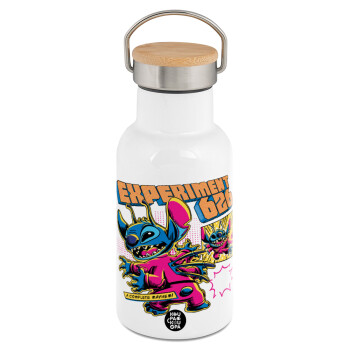 Stitch Experiment 626, Metallic thermos (Stainless steel) White with wooden lid (bamboo), double-walled, 350ml
