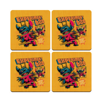 Stitch Experiment 626, ΣΕΤ x4 Σουβέρ ξύλινα τετράγωνα plywood (9cm)