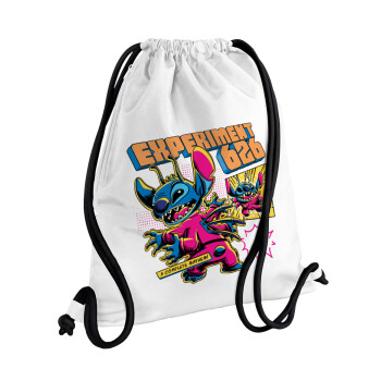 Stitch Experiment 626, Backpack pouch GYMBAG white, with pocket (40x48cm) & thick cords