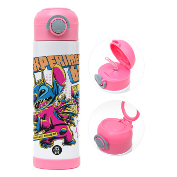 Stitch Experiment 626, Children's hot water bottle, stainless steel, with safety straw, PINK (500ml)