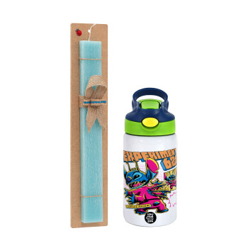 Stitch Experiment 626, Easter Set, Children's thermal stainless steel bottle with safety straw, green/blue (350ml) & aromatic flat Easter candle (30cm) (TURQUOISE)