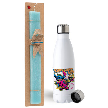Stitch Experiment 626, Easter Set, metallic stainless steel water bottle (750ml) & aromatic flat Easter candle (30cm) (TURQUOISE)