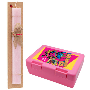 Stitch Experiment 626, Easter Set, children's snack container PINK & scented flat Easter candle (30cm) (PINK)