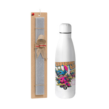 Stitch Experiment 626, Easter Set, metallic stainless thermos bottle (500ml) & scented flat Easter candle (30cm) (GRAY)