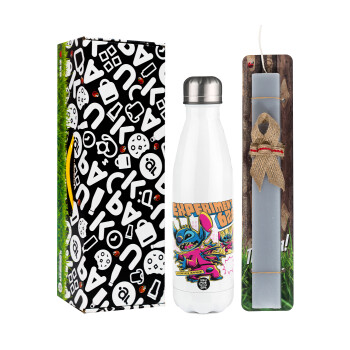 Stitch Experiment 626, Easter candle, metallic white thermos bottle (500ml) & aromatic flat candle (30cm) (GRAY)