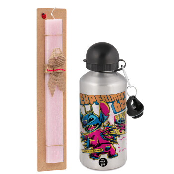 Stitch Experiment 626, Easter Set, metallic Silver aluminum water bottle (500ml) & scented flat Easter candle (30cm) (PINK)
