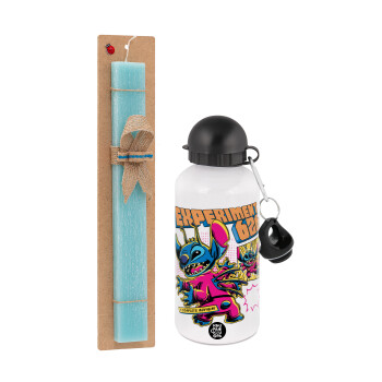 Stitch Experiment 626, Easter Set, metallic aluminum water bottle (500ml) & scented flat candle (30cm) (TURQUOISE)