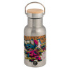 Stainless steel metallic thermos flask, silver with a bamboo lid, double-walled, 350ml.