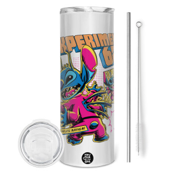 Stitch Experiment 626, Tumbler ποτήρι θερμό από ανοξείδωτο ατσάλι 600ml, με μεταλλικό καλαμάκι & βούρτσα καθαρισμού