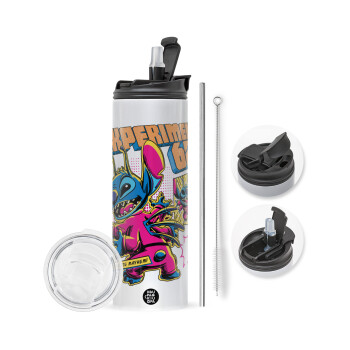 Stitch Experiment 626, Travel Tumbler 2 Lids, with metal straw & cleaning brush (Stainless steel 304 Food grade, BPA free, 600ml)