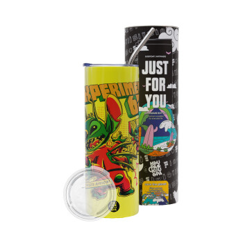 Stitch Experiment 626, Neon Yellow Travel Tumbler, with metal straw (Stainless steel 304 Food grade, BPA free, 600ml)