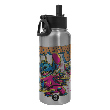 Stitch Experiment 626, Μεταλλικό παγούρι θερμός Silver με καλαμάκι και χερούλι (Stainless steel), διπλού τοιχώματος, 950ml