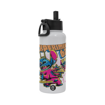 Stitch Experiment 626, Μεταλλικό παγούρι θερμός Λευκό με καλαμάκι και χερούλι (Stainless steel), διπλού τοιχώματος, 950ml