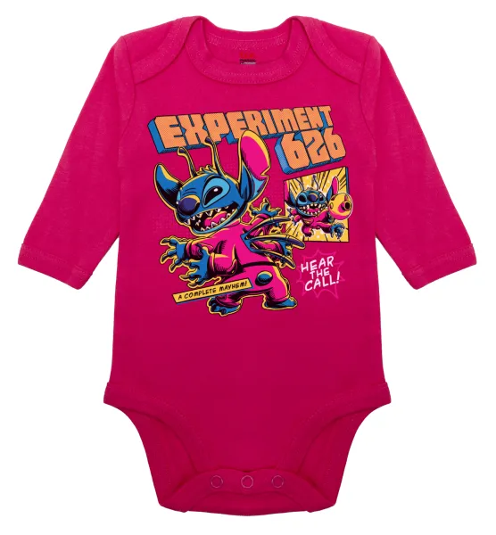 Stitch Experiment 626 — Long-sleeve baby bodysuit, 0-18 months, PINK, 100% organic cotton