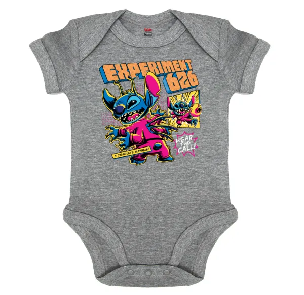Stitch Experiment 626 — Short-sleeve baby bodysuit, 0-18 months, GREY MELANGE, 100% organic cotton