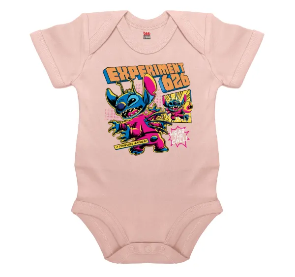 Stitch Experiment 626 — Short-sleeve baby bodysuit, 0-18 months, POWDER PINK, 100% organic cotton
