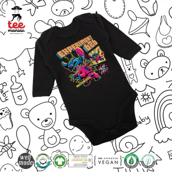 Stitch Experiment 626, Μακρυμάνικο βρεφικό φορμάκι, 0-18 μηνών, ΜΑΥΡΟ, 100% Organic Cotton