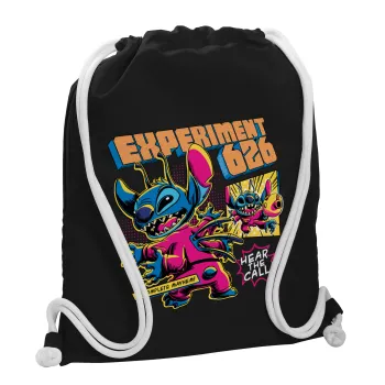 Stitch Experiment 626, Τσάντα πλάτης πουγκί GYMBAG Μαύρη, με τσέπη (40x48cm) & χονδρά λευκά κορδόνια