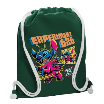 Stitch Experiment 626, Τσάντα πλάτης πουγκί GYMBAG BOTTLE GREEN, με τσέπη (40x48cm) & χονδρά λευκά κορδόνια