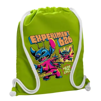 Stitch Experiment 626, Backpack bag GYMBAG LIME GREEN, with pocket (40x48cm) & thick cords