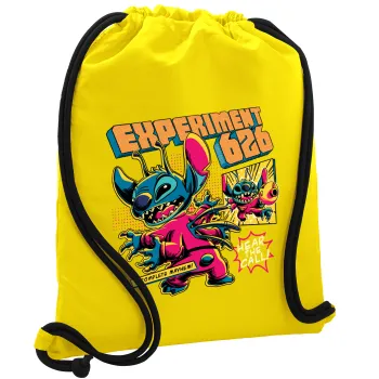 Stitch Experiment 626, Τσάντα πλάτης πουγκί GYMBAG Κίτρινη, με τσέπη (40x48cm) & χονδρά κορδόνια