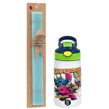 Stitch Experiment 626, Easter Set, Children's thermal stainless steel bottle with safety straw, green/blue (350ml) & aromatic flat Easter candle (30cm) (TURQUOISE)