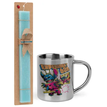 Stitch Experiment 626, Easter Set, metallic thermal cup (300ml) & aromatic flat Easter candle (30cm) (TURQUOISE)