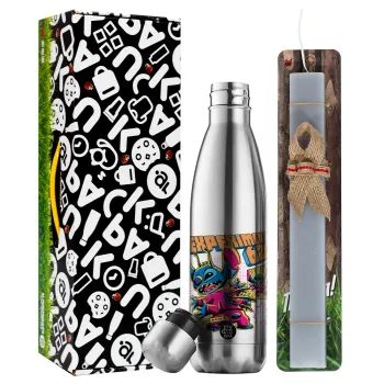 Stitch Experiment 626, Easter Set, metallic stainless thermos flask (500ml) & scented flat Easter candle (30cm) (GRAY)