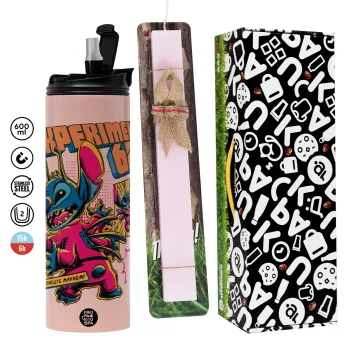 Stitch Experiment 626, Πασχαλινή Λαμπάδα με  ΡΟΖ Travel Tumbler θερμό (600ml, BPA free) & κερί αρωματικό πλακέ (30cm) (ΡΟΖ)