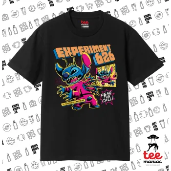 Stitch Experiment 626, Κλασικό T-Shirt, διπλής ραφής, χωρίς πλευρικές ραφές ΜΑΥΡΟ από 100% βαμβάκι. Vegan & OEKO-TEX πιστοποιημένο.