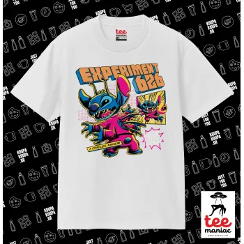 Stitch Experiment 626, Κλασικό T-Shirt, διπλής ραφής, χωρίς πλευρικές ραφές ΛΕΥΚΟ από 100% βαμβάκι. Vegan & OEKO-TEX πιστοποιημένο.