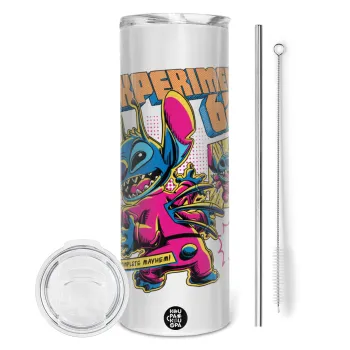 Stitch Experiment 626, Tumbler ποτήρι θερμό από ανοξείδωτο ατσάλι 600ml, με μεταλλικό καλαμάκι & βούρτσα καθαρισμού