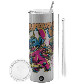 Stitch Experiment 626, Tumbler ποτήρι θερμό Ασημένιο από ανοξείδωτο ατσάλι 600ml, με μεταλλικό καλαμάκι & βούρτσα καθαρισμού
