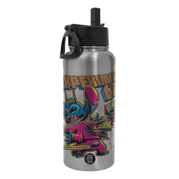 Stitch Experiment 626, Μεταλλικό παγούρι θερμός Silver με καλαμάκι και χερούλι (Stainless steel), διπλού τοιχώματος, 950ml