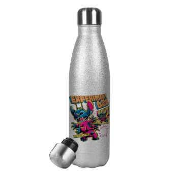 Stitch Experiment 626, Metallic Glitter Silver Thermos Flask (Stainless steel), double-walled, 500ml
