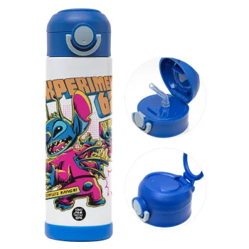 Stitch Experiment 626, Παιδικό παγούρι θερμό, ανοξείδωτο, με καλαμάκι ασφαλείας, ΜΠΛΕ (500ml)